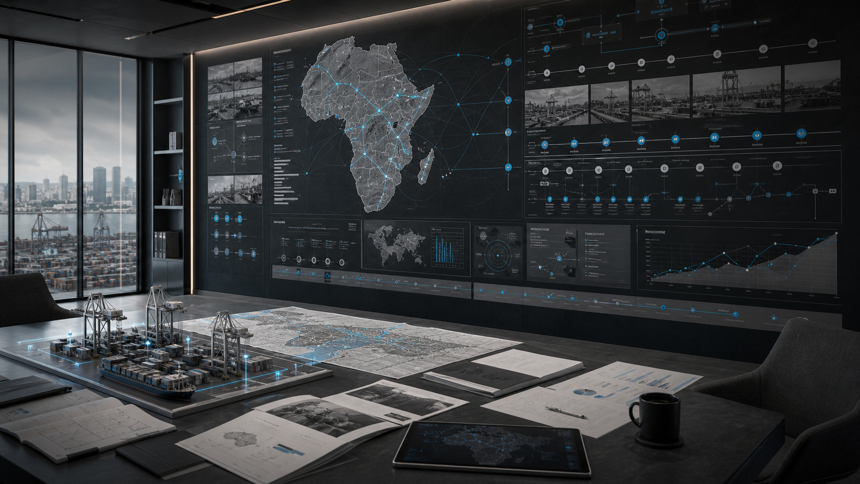Trade corridor strategy documents, maps and digital dashboards on a boardroom table