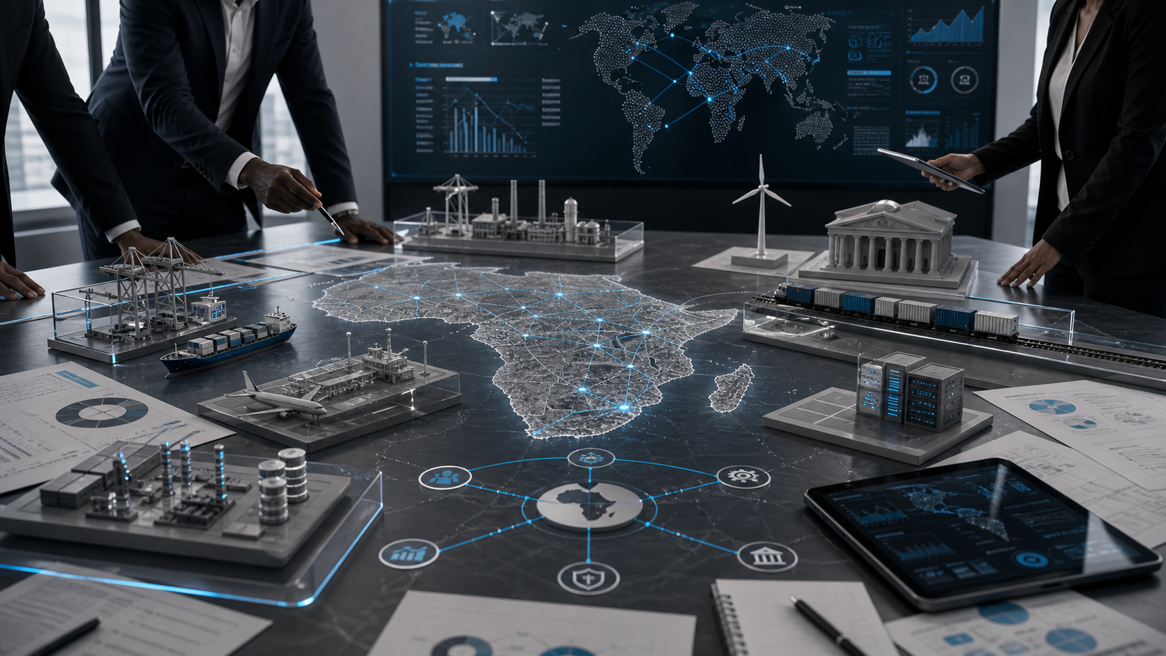 Corridor maps and economic system blueprints arranged on a strategy table