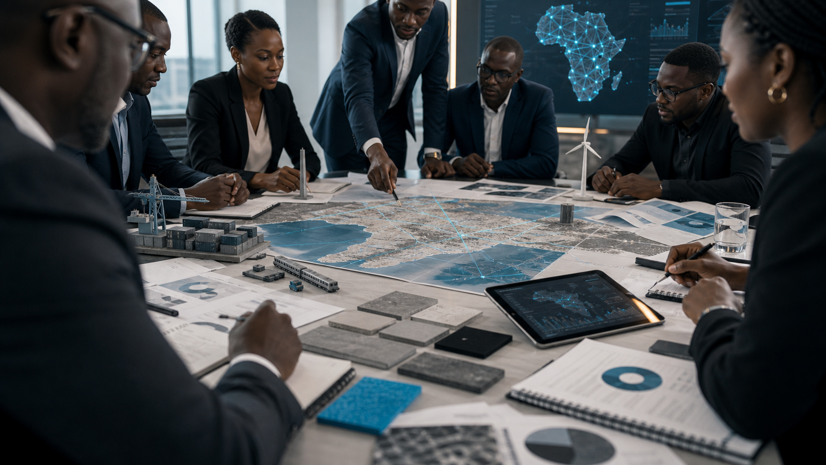 African builders collaborating around corridor maps and institutional planning materials