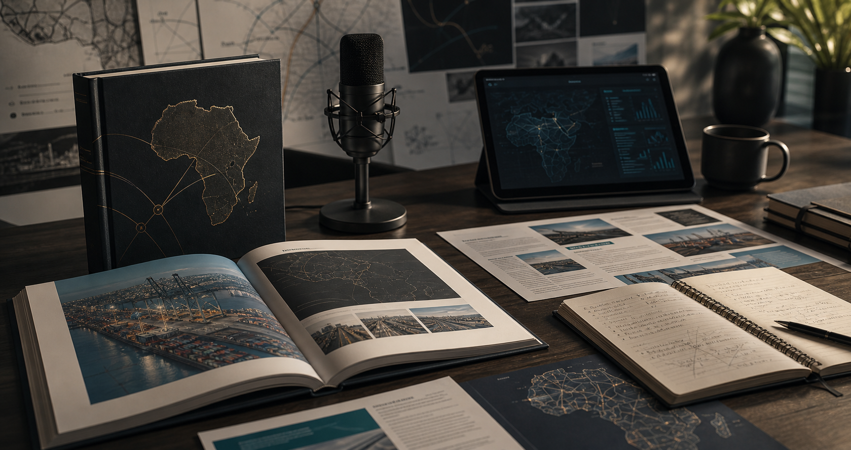 Strategic publication materials, corridor notes and podcast equipment arranged on a desk