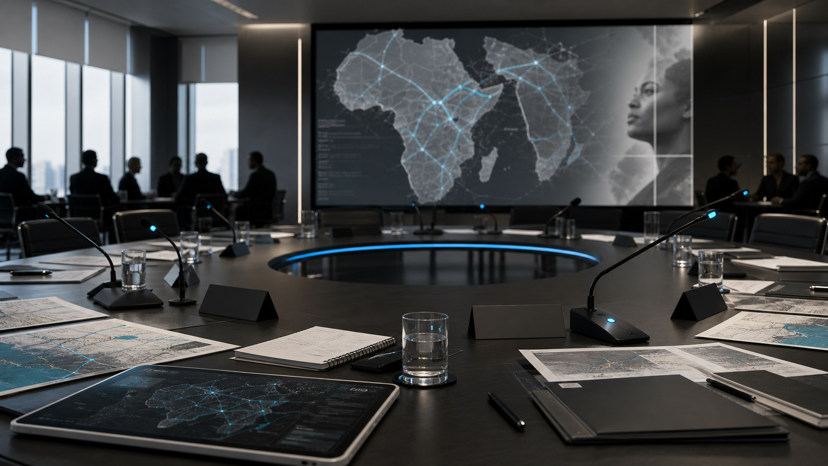 Forum room with corridor maps and microphones prepared for a LOGI-CONSULT convening