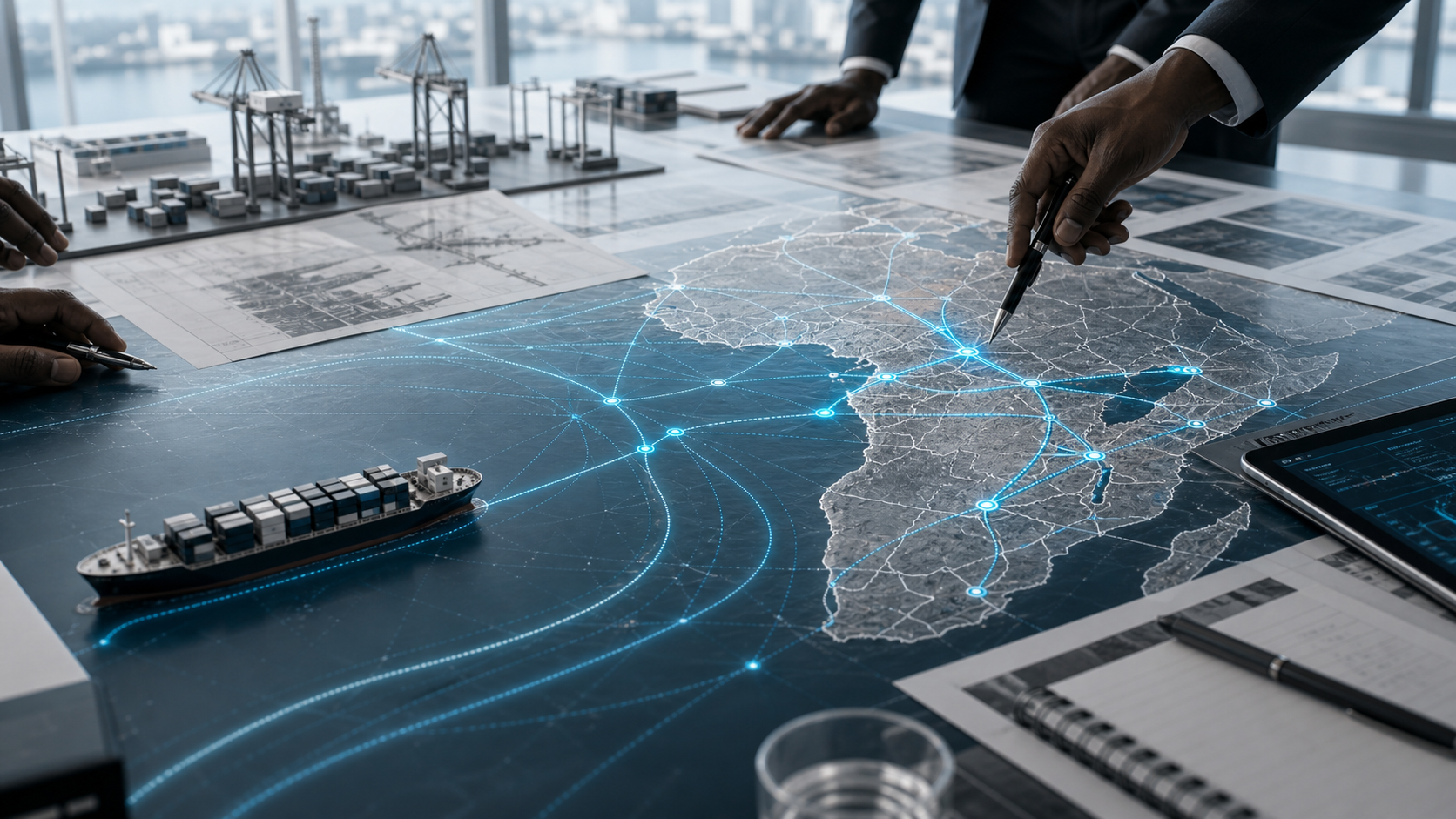 Blue ocean trade route planning table with maritime corridor maps